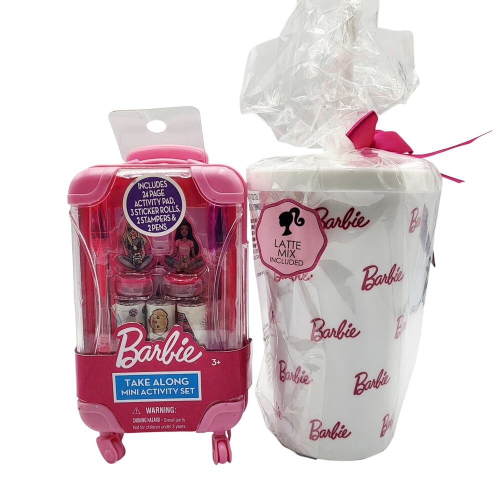 NWT Barbie Tumbler Travel Cup Take Along 24 Page Stickers Pen Mini Activity Set